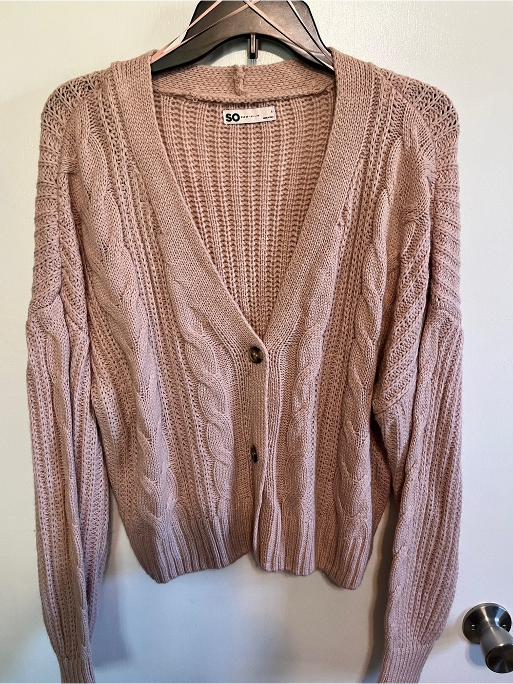 SO Blush Pink Cable Knit button up Cardigan sweater JUNIORS SZ L